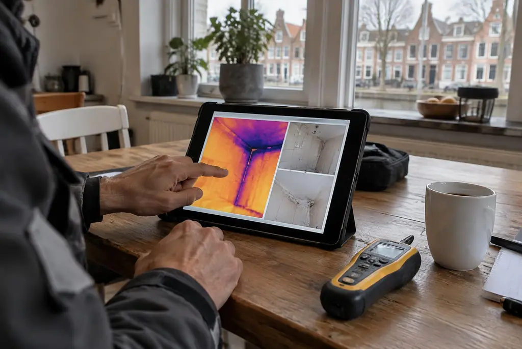 Lekdetectie Zaltbommel – lekdetectierapport met warmtebeelden en foto's op een tablet