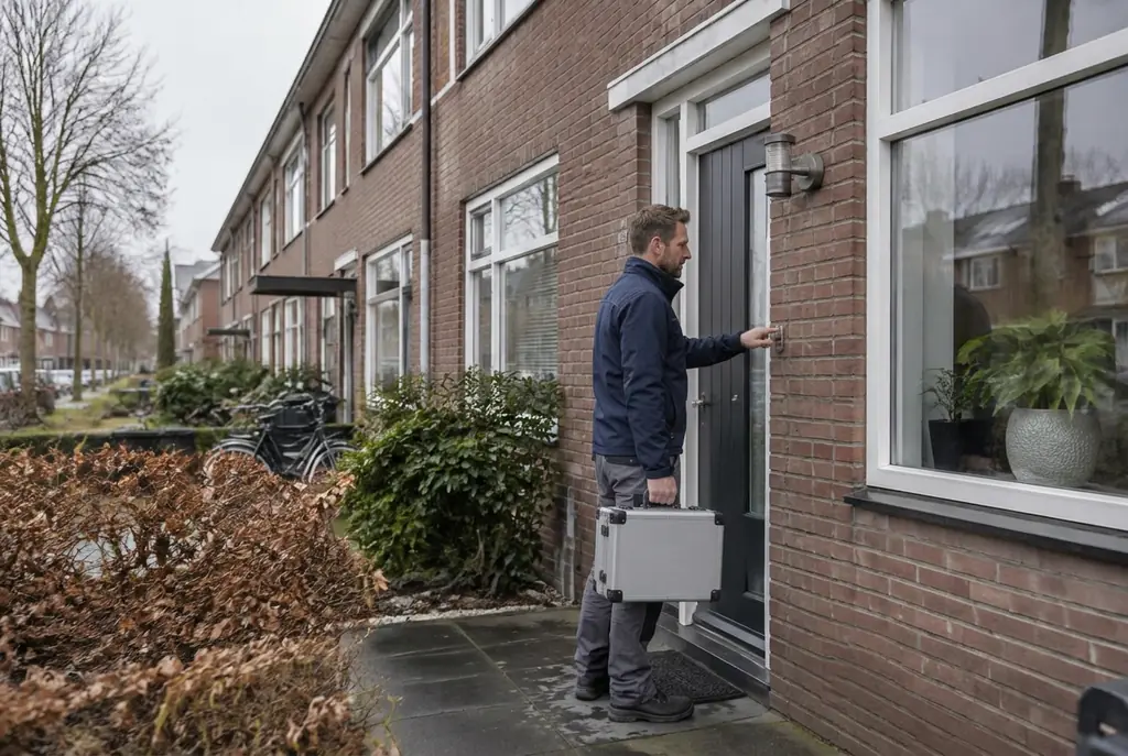 Lekdetectiespecialist met meetkoffer bij de voordeur van een woning in Zaltbommel